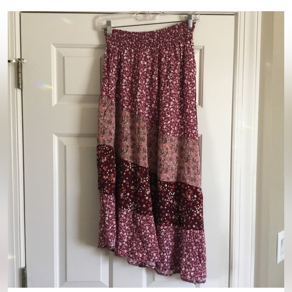 NWOT HEROES & DREAMERS burgundy whimsy boho floral midi maxi prairie skirt L